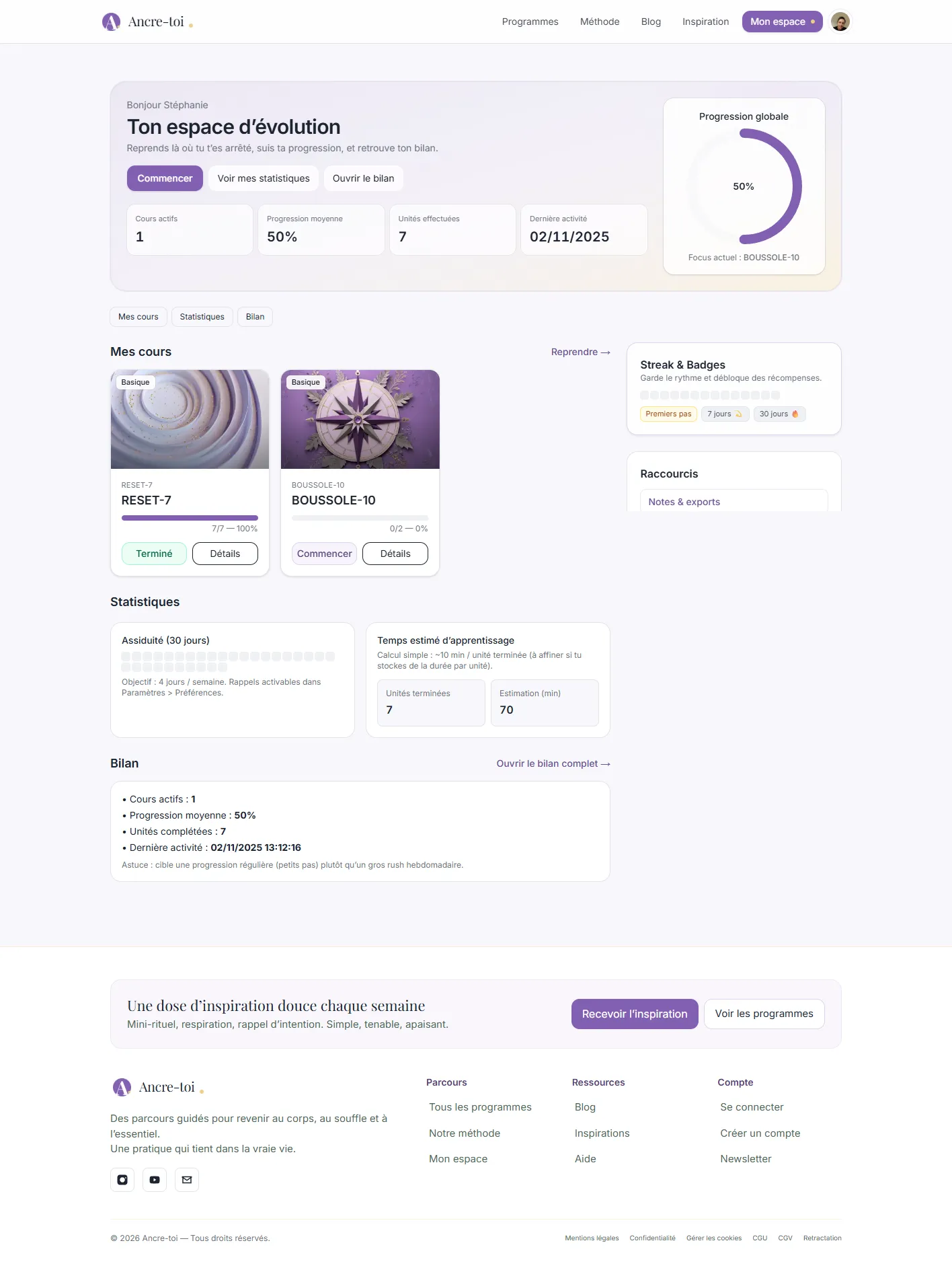 Sections desktop du projet Ancre-toi