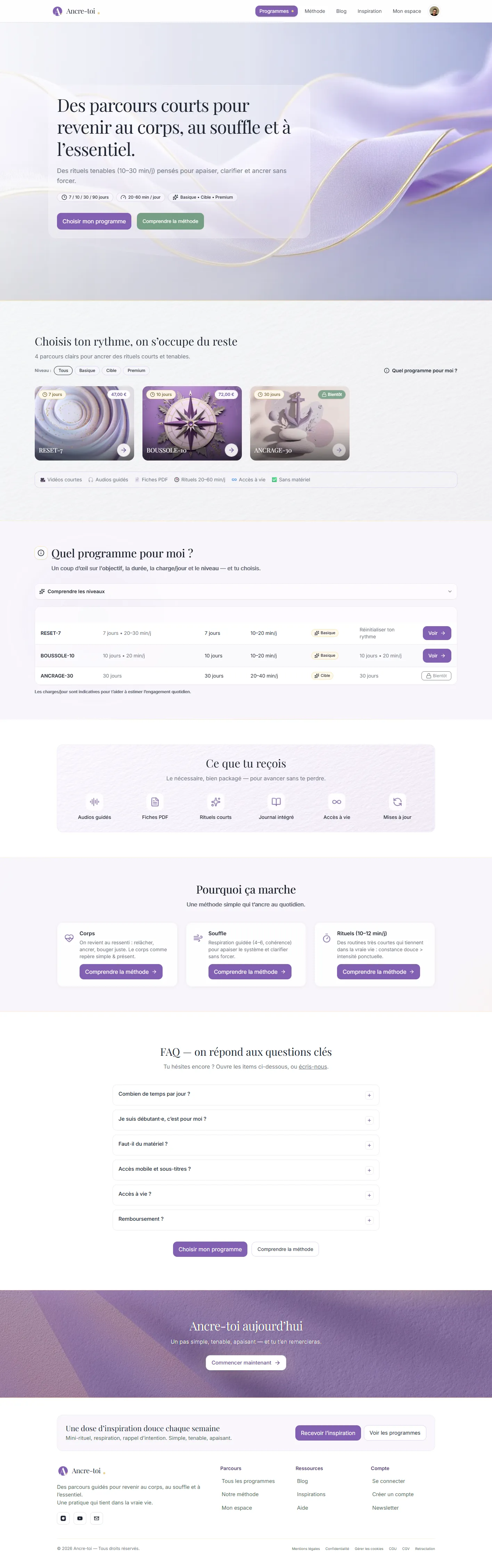 Page d’accueil desktop du projet Ancre-toi