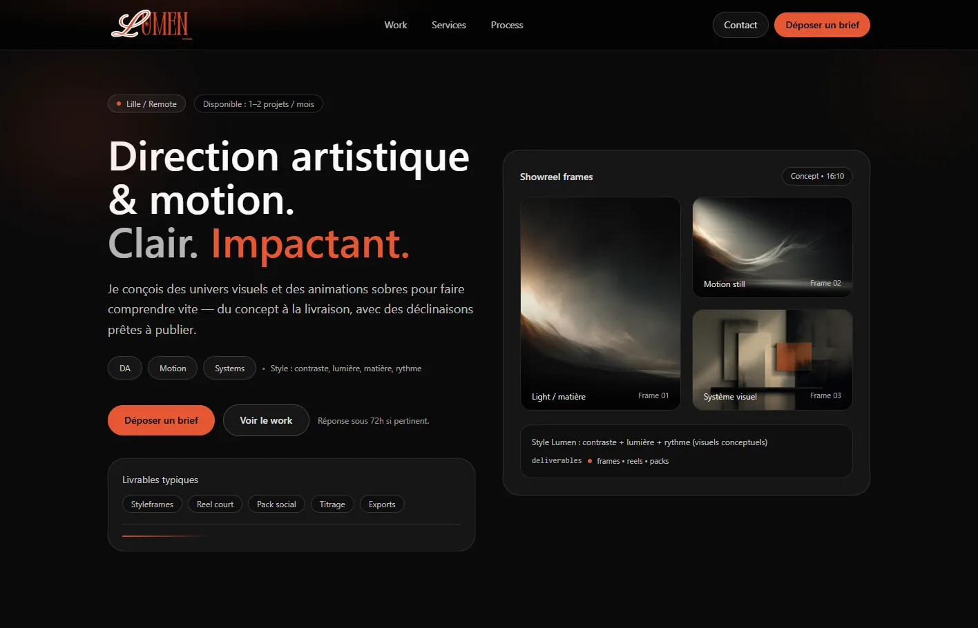 Page d’accueil desktop du projet Studio Lumen