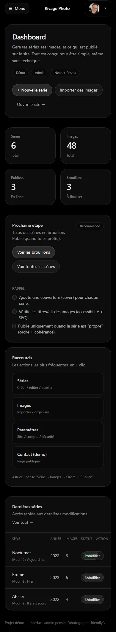 Version mobile du projet Rivage Photo